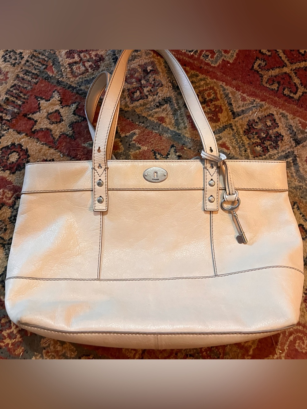 Fossil Taupe Leather Shoulder Tote with Key Charm